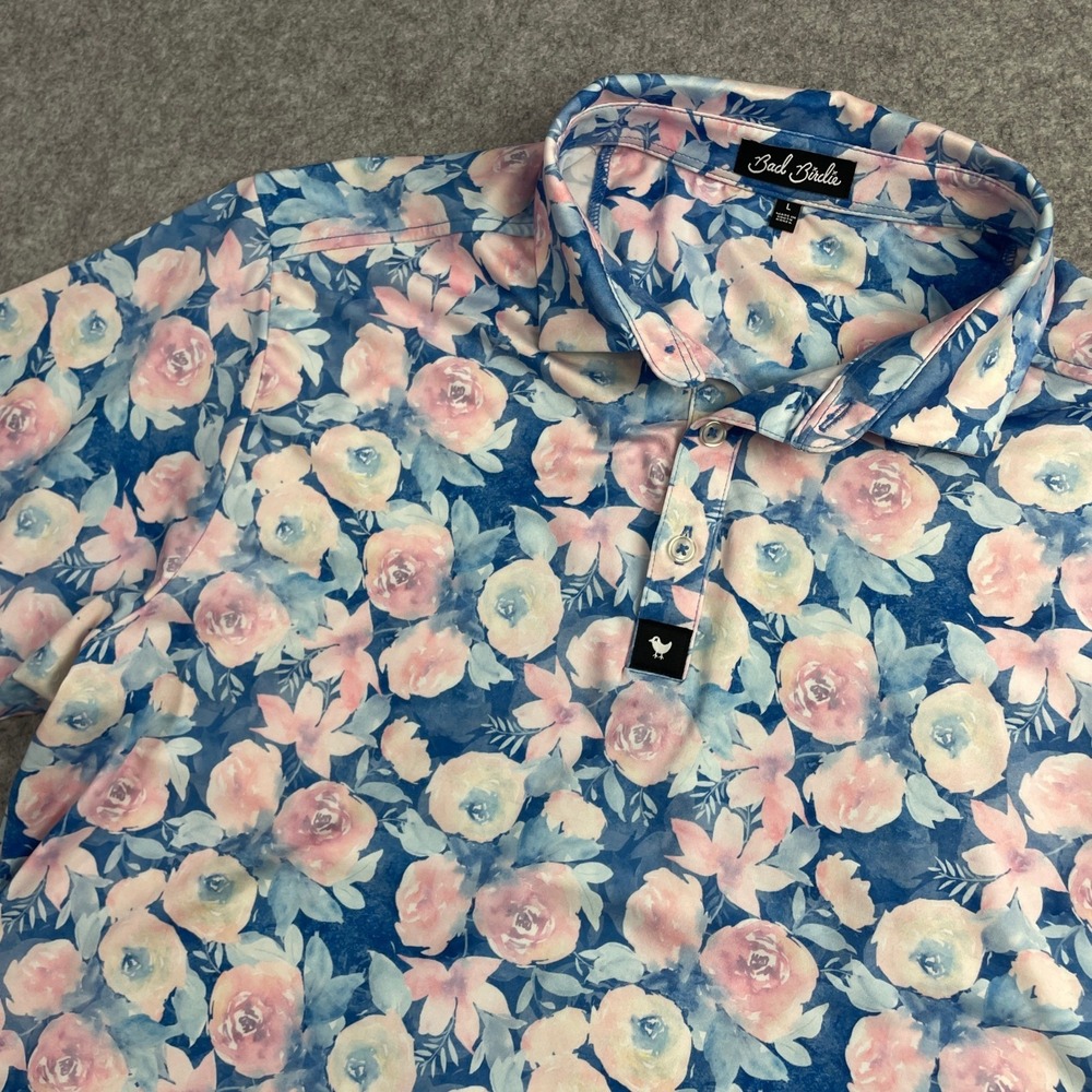 Bad Birdie Mens Floral Golf Polo Shirt Blue Pink Short Sleeve Large Stretch